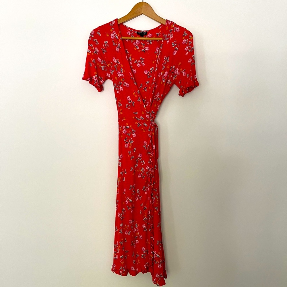 Cute floral Red wrap-around side-tie top shop dress Small - Picture 1 of 4